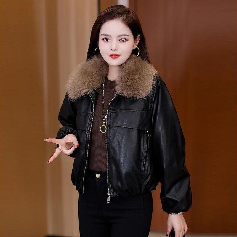 Removable large fur collar plush thickened leather jacket women's short autumn and winter new loose pie overcome