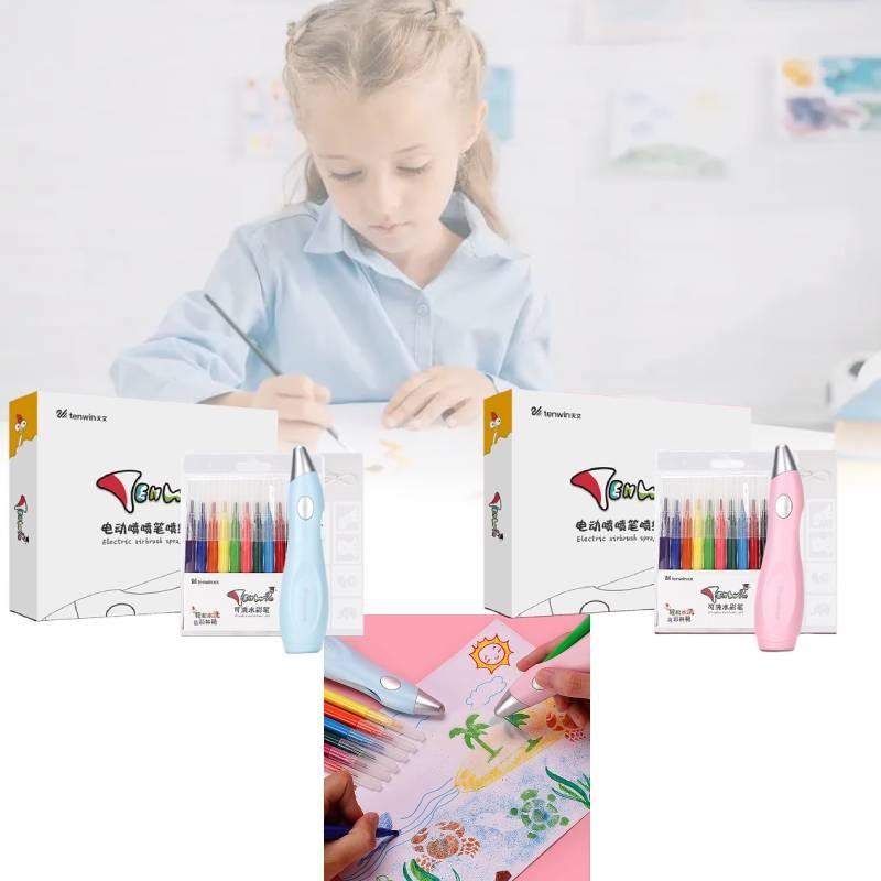 Paint Electric Spray Pen Airbrush Set Children 12 Felt Pens 19 Stencils Drawing