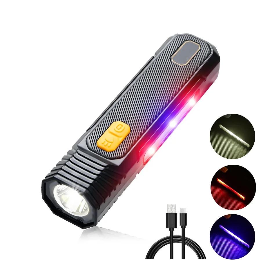 Outdoor LED High Gloss Flashlight Home Long-range Portable Type-C Charging Side Red Blue Warning Emergency Light Flashlight