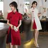 Women's Summer Short Sleeve Midi Waist Cheongsam Elegant Standing Collar Literary Vintage Dresses