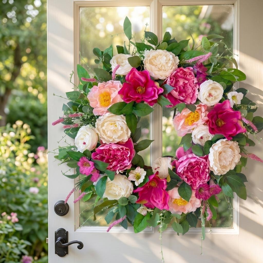 Künstlicher Pfingstrosen-Blumenkranz 45CM Realistischer Seidenblumen-Türhänger Dekoration mit Grünen Blättern und Gemischter Blütenanordnung für Innen- und Außenbereich