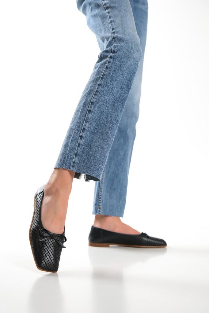 Women's Flat Shoes Black Genuine Leather Ballerina Flats with Bow Detail Casual Shoes