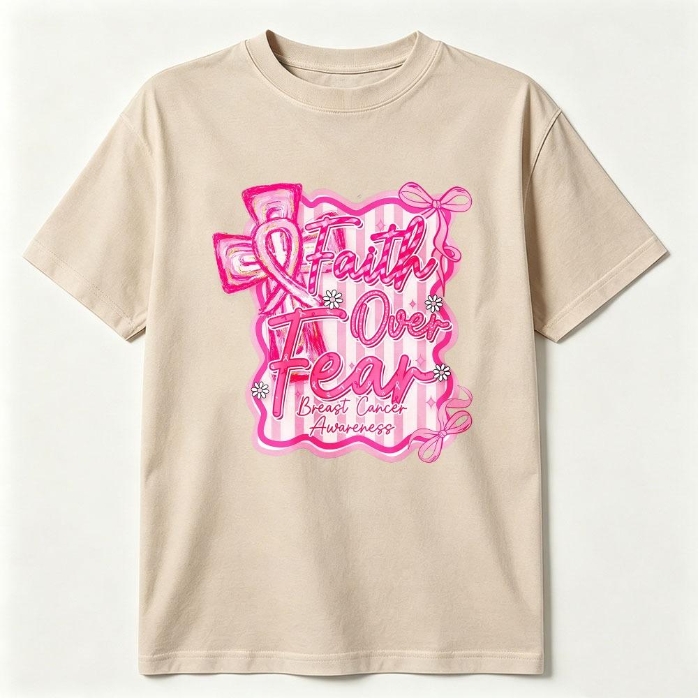 Preppy Breast Cancer Faith Over Fear Coquette Tshirt Breast Cancer Awareness Shirt Breast Cancer Cotton Tee Pink Ribbon Clothing