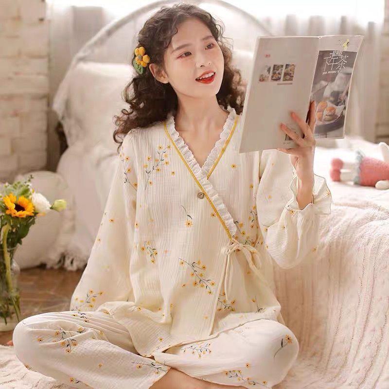 

Японская милая принцесса вышитая домашняя одежда женская пижама с длинным рукавом весна осень чистый хлопковый марлевый тонкий домашний комплект M