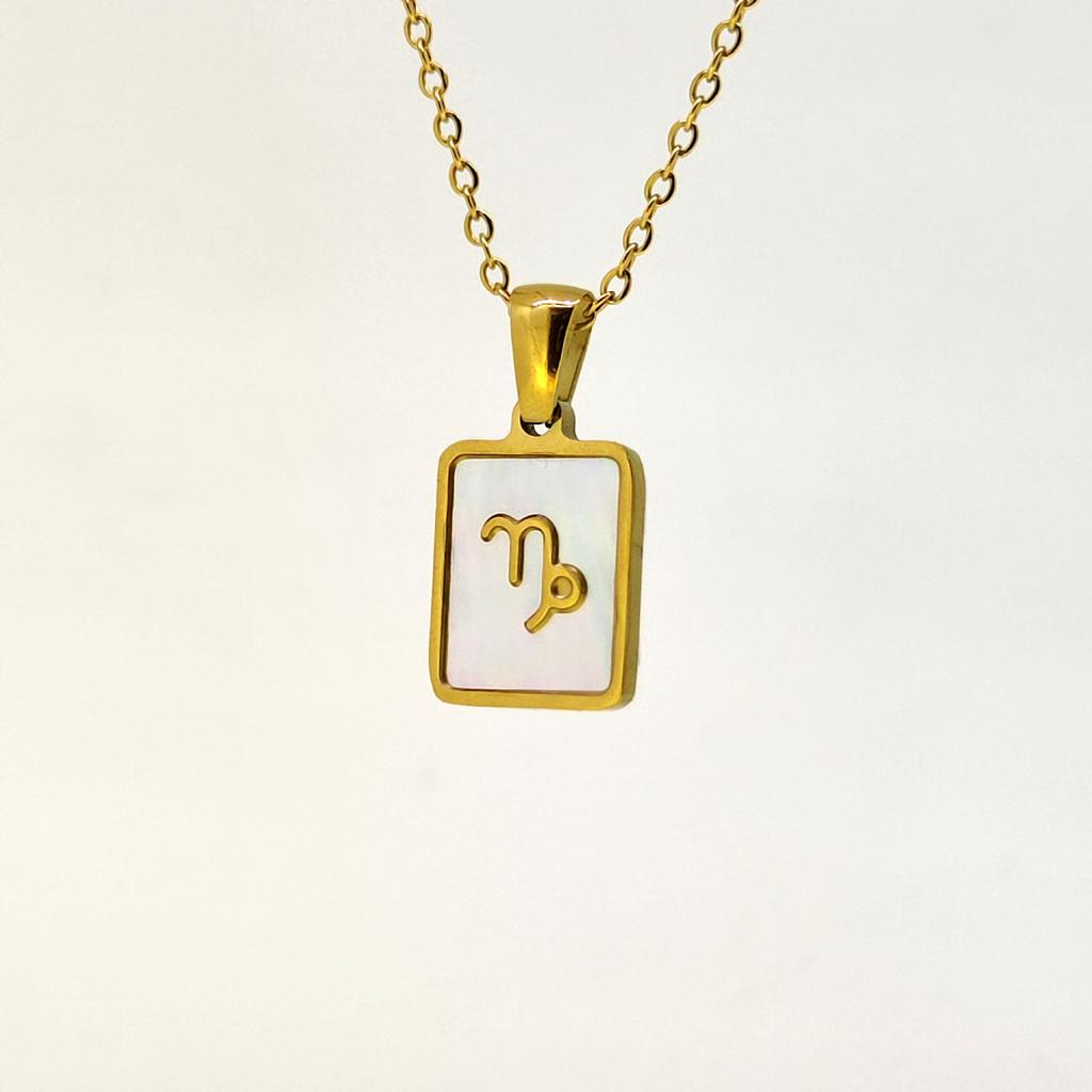 1pc Shell Zodiac Sign Necklace, Stainless Steel Square Pendant With White Shell, Perfect For Women