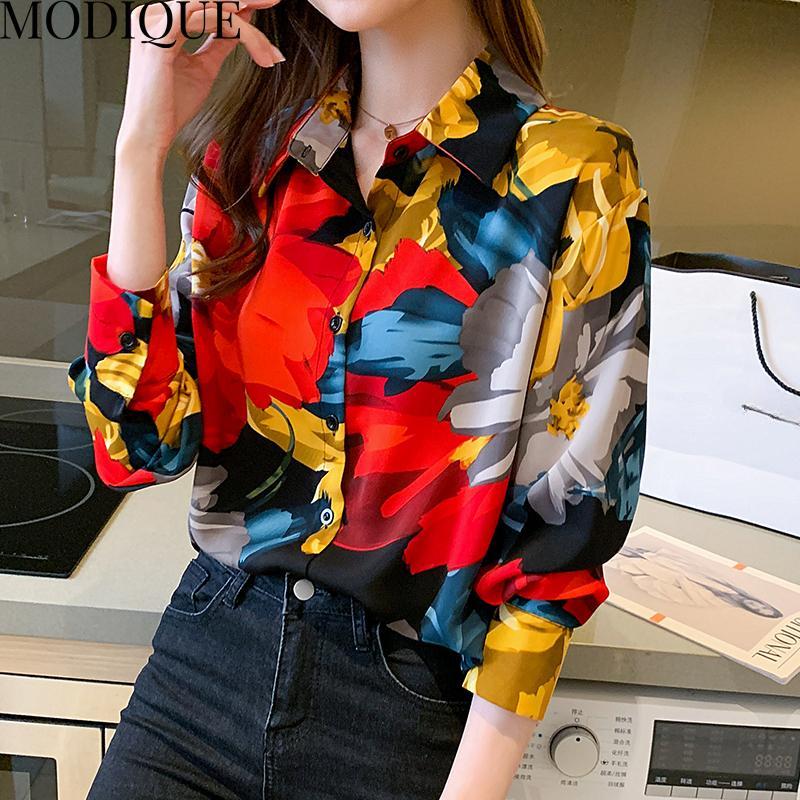 MODIQUE Jaro Léto Nadměrná velikost Dámské Volné Vintage Ležérní Bavlna Len Šifon Květinový potisk Halenky Košile Dámská Móda Výstřih do V Dlouhý rukáv Kabáty