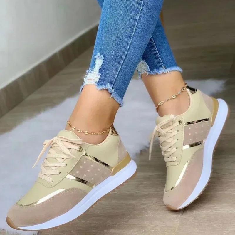 Fashion New Women Sneakers Patchwork Lace Up Flat Shoes Women Lightweight Female Platform Shoes Classic Versatile Zapatillas De Mujer