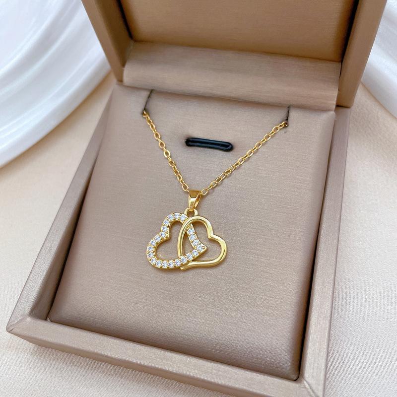 Heart-To-Heart Print, Light Luxury Temperament, Gorgeous Full Diamond Necklace, Female Versatile Collarbone Chain, Titanium Steel Chain