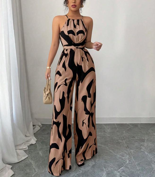 Mono de mujer versátil con cinturón de corbata, estampado, pierna ancha, halter