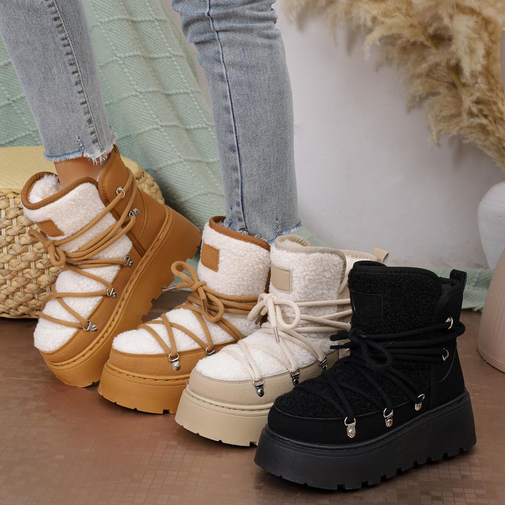 Fashion Winter Women Outdoor Ankle Boots High Top Lace-up Shoes Non Slip Fashion Cotton Platform Boot Plush Warm Snow Boots for Women