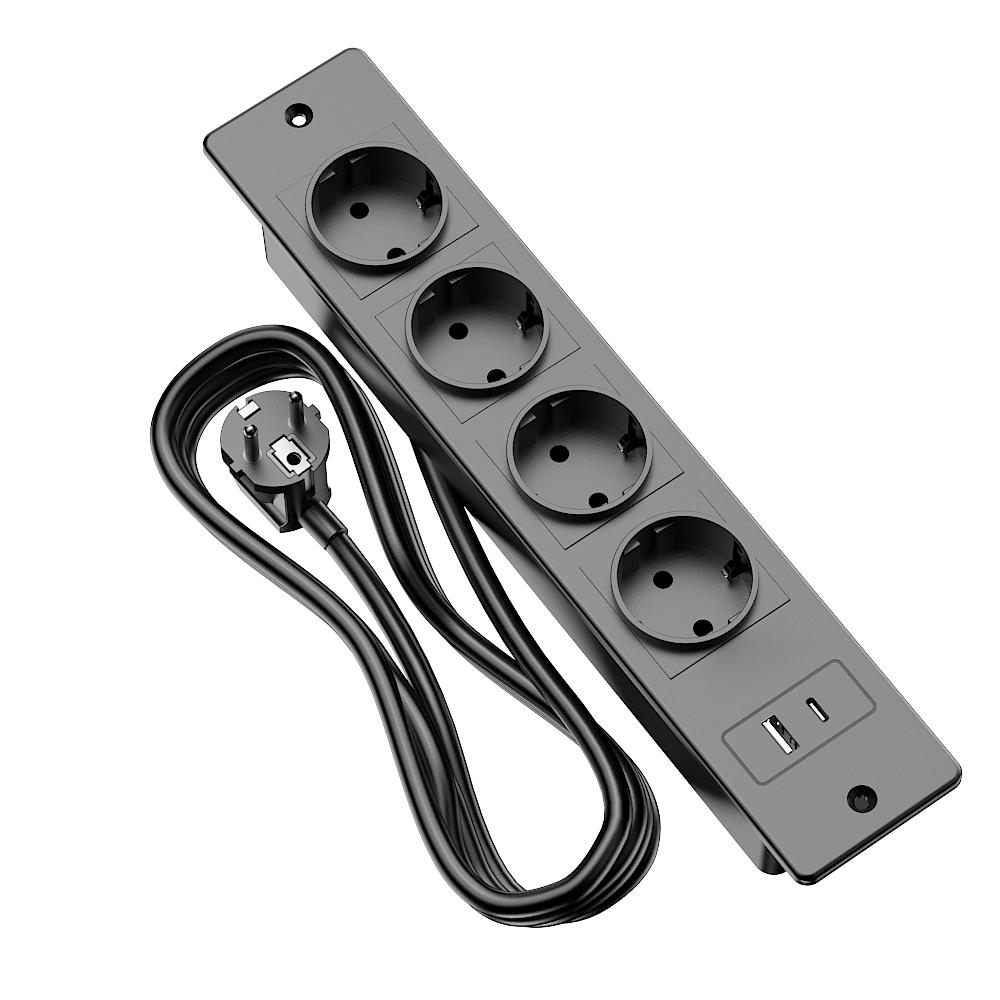 פס חשמל שקוע 4 שקעי AC עם USB A USB C, שקע חשמל מובנה לשולחן עבודה בהתקנה שטוחה עם כבל מאריך