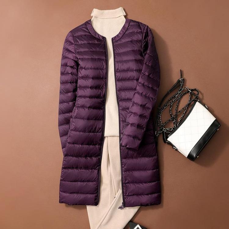 

Autumn Winter Women Long Duck Down Coat Korean Style O Neck Collarless Ultralight Feather Lining Puffer Outwear S