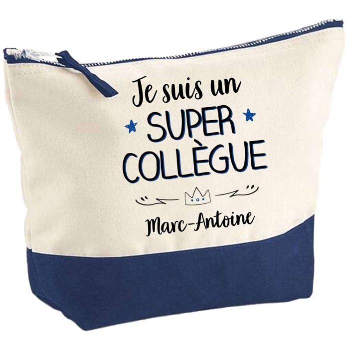 Pochette fond bleu Marc-Antoine Super Collègue - Cadeau Original - Anniversaire - Trousse Maquillage Grand Format