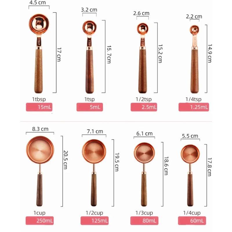 Cucharas medidoras de madera de acero inoxidable, cucharas medidoras, báscula de cocina chapada en cobre y oro rosa, juego de cucharas medidoras para alimentos