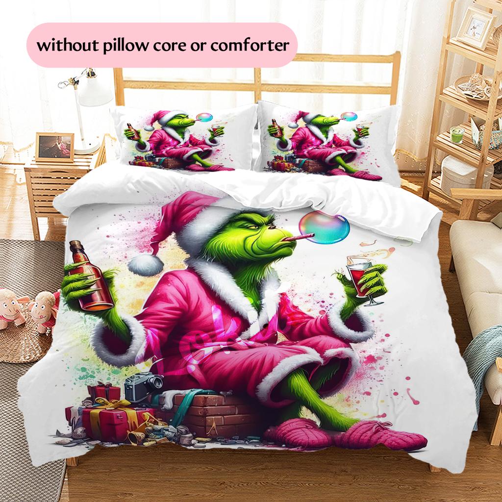 1 Stück Grinch-Muster Bettwäsche Steppdecke Set Bettbezug Kissenbezug Heimdekoration Geburtstagsgeschenk (1 Bettbezug + 2 Kissenbezüge, ohne Füllung)