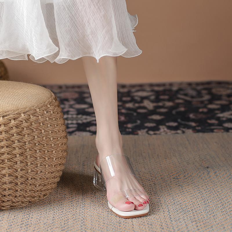 

Прозрачные сандалии женские летние для улицы 2025 новые на плоской подошве на среднем каблуке на толстом каблуке хрустальные туфли на высоком каблуке сандалии с перемычкой женская обувь 40