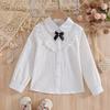 5-12 Years Girls White Lace Blouse Long Sleeve Peter Pan Collar Black Bow Soft Cotton Kids Daily School Shirts