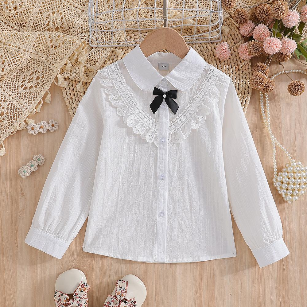5-12 Years Girls White Lace Blouse Long Sleeve Peter Pan Collar Black Bow Soft Cotton Kids Daily School Shirts