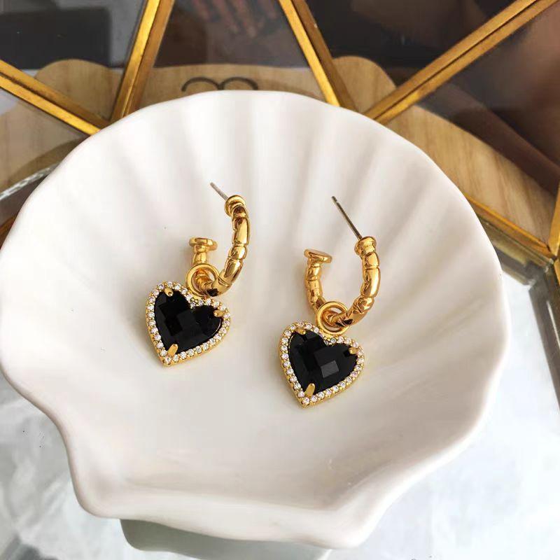 Black Love Heart Imitation Zircon Drop Earrings for Women Jewelry Accessories
