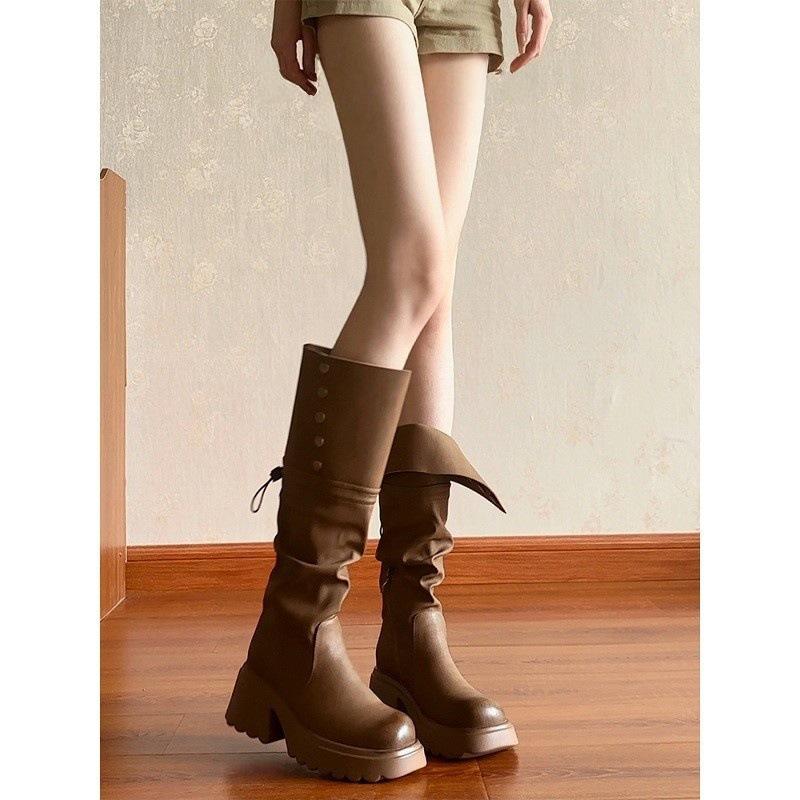 Pleated Pile Boots Two Wear Brown Boots Women's 2025 Thick Sole But Knee Small Tall Knight Boots