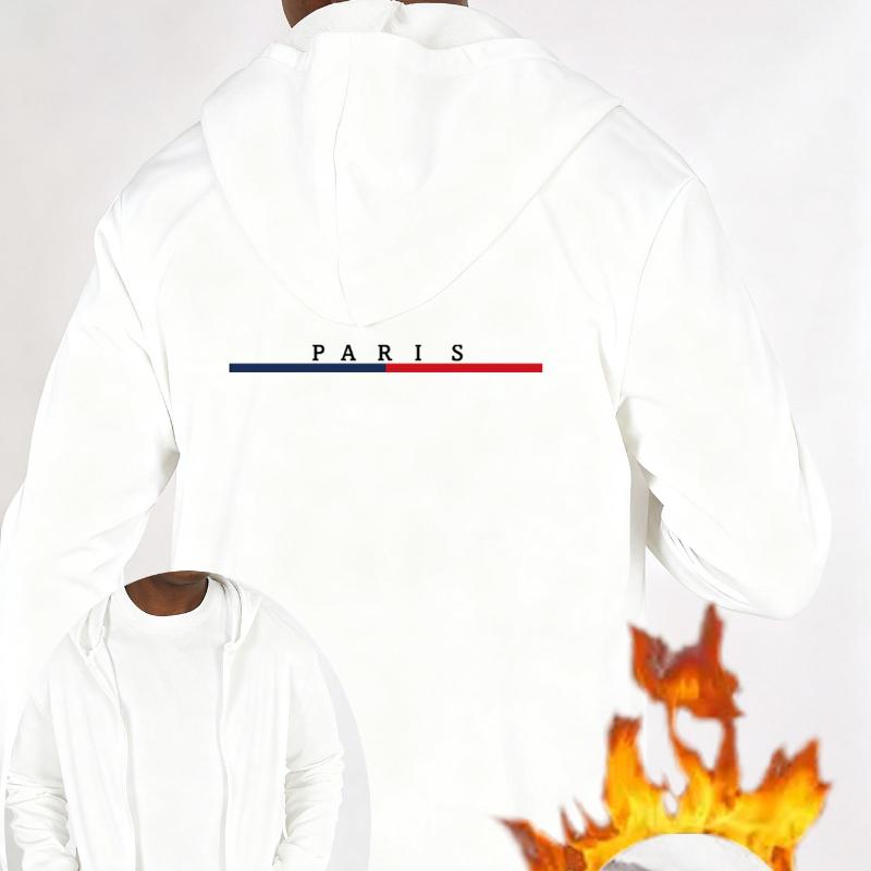 Paris Striped Graphic Fleece-Lined Hooded Zip-Up Jacket, Windproof Durable Warm, Casual Versatile Coat