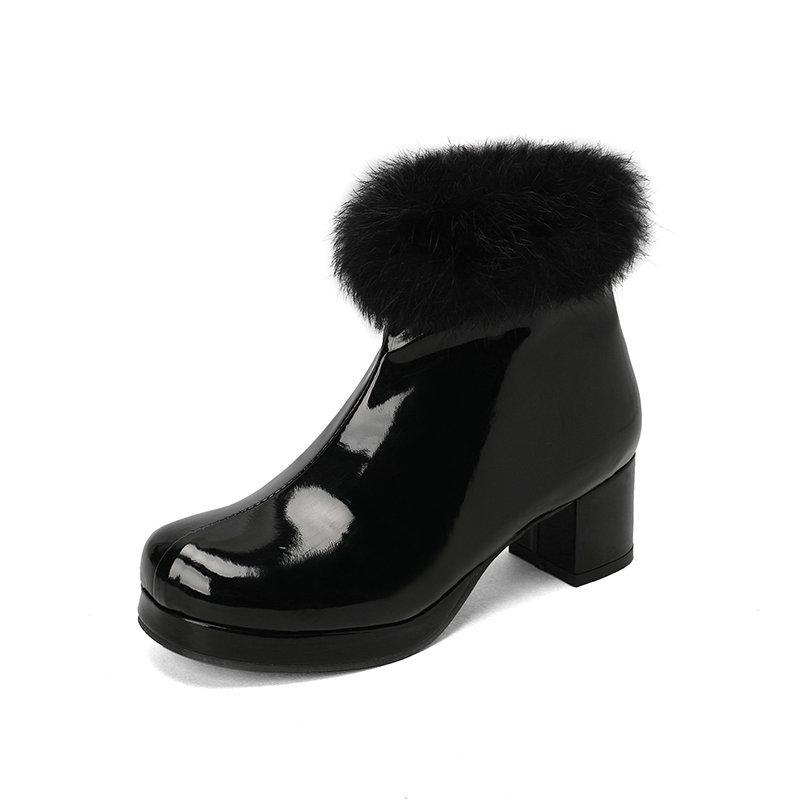 Women's Short Boots Autumn and Winter Patent Leather Thick Heels High Heels Rabbit Fur Side Zipper Warm Cotton Shoes