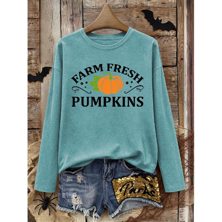 Halloween Party Gift For Women Farm Fresh Pumpkins Text Pumpkin Print Round Neck Long Sleeve T Shirt Versatile For Daily Wear