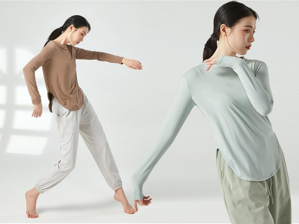 Yuoku Long Sleeve Ballet Practice Stretch Blouse with Slit and Round Perfect for Classical and Ballroom and Refreshing Solid Color Women's T-Shirt,