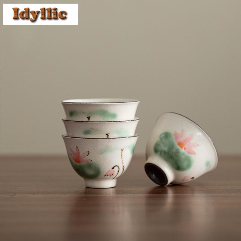 50ml Powder Yin Hand-painted Lotus Teacup Traditional Tea Bowl Jug Tea-tasting Smelling Cup Jianzhan Master Cups Teaware Craft