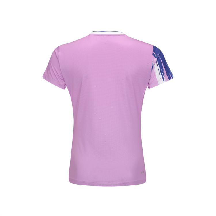 Li Ning Badminton Series Graffiti Letter Print V-Neck Short Sleeve T-Shirt Women Tops Light-Blue Purple AAYV048-4