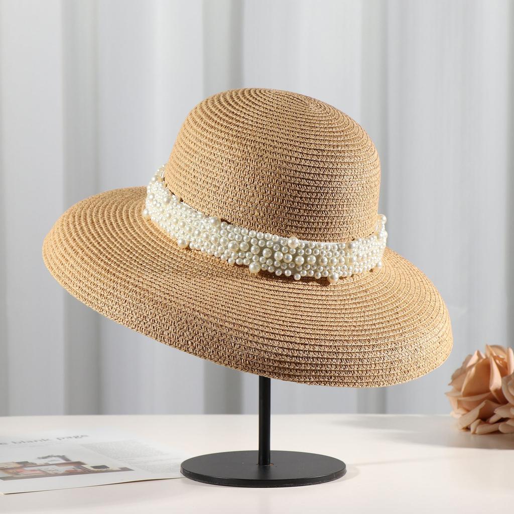 2025 New Summer Straw Hat Top For Women Fashion Pearl Hepburn Sun Hat Wide Brim Sun Protection Cap Vacation Beach Hat