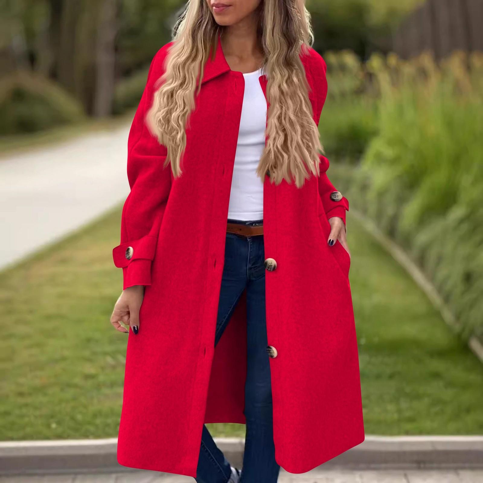 

Женское повседневное модное однотонное пальто с лацканами, длинными рукавами, воротником на пуговицах, шерстяная куртка XXL красный