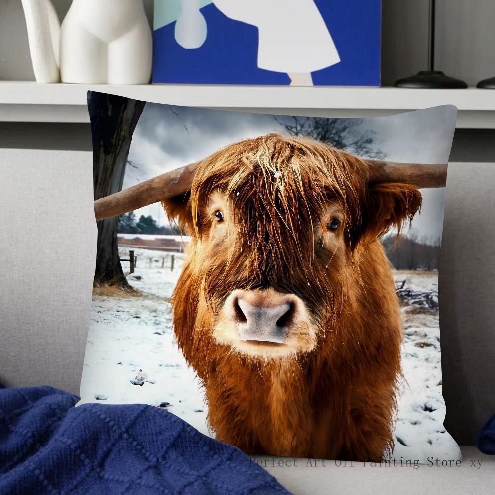 Highland Cattle Pillow Case Fashion Square Pillowcase Bedroom Sofa Room Ins Decoration Leisure Cushion Cover 40x40