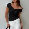 One-Shoulder T-Shirt Summer Street Trend Hot European And American Top Pleated V-Neck Off-Shoulder Short-Sleeved T-Shirt