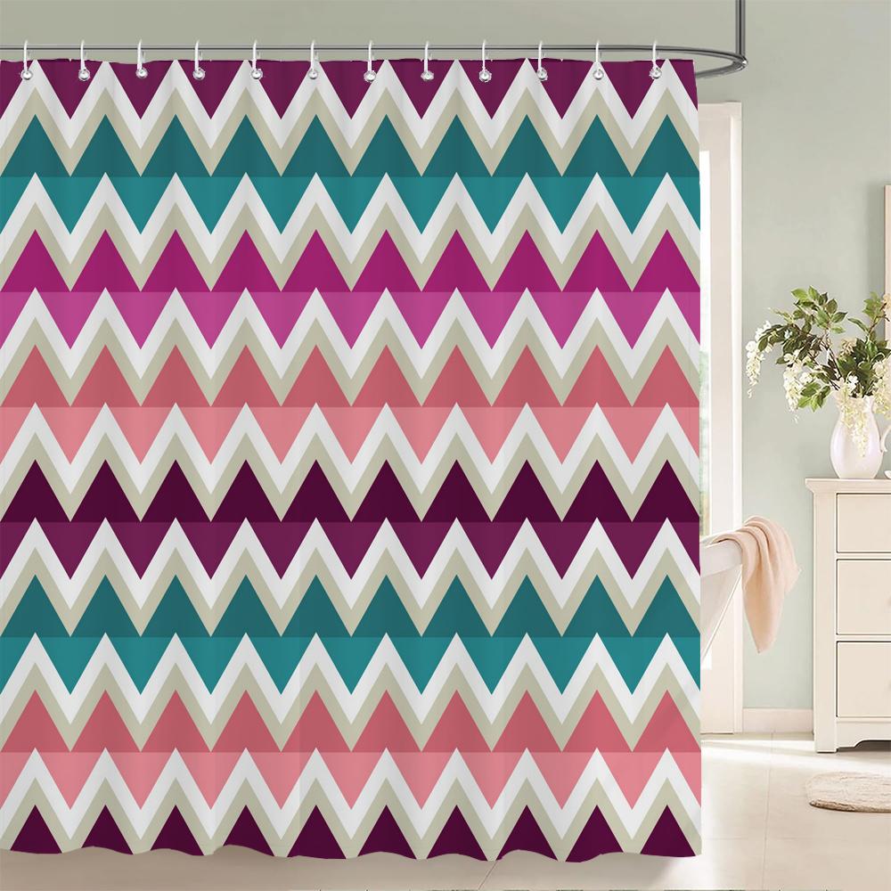 Geometric Stripe Printed Shower Curtain Color Art Polyester Fabric Shower Curtain Home Bathroom Decoration Curtain with Hooks
