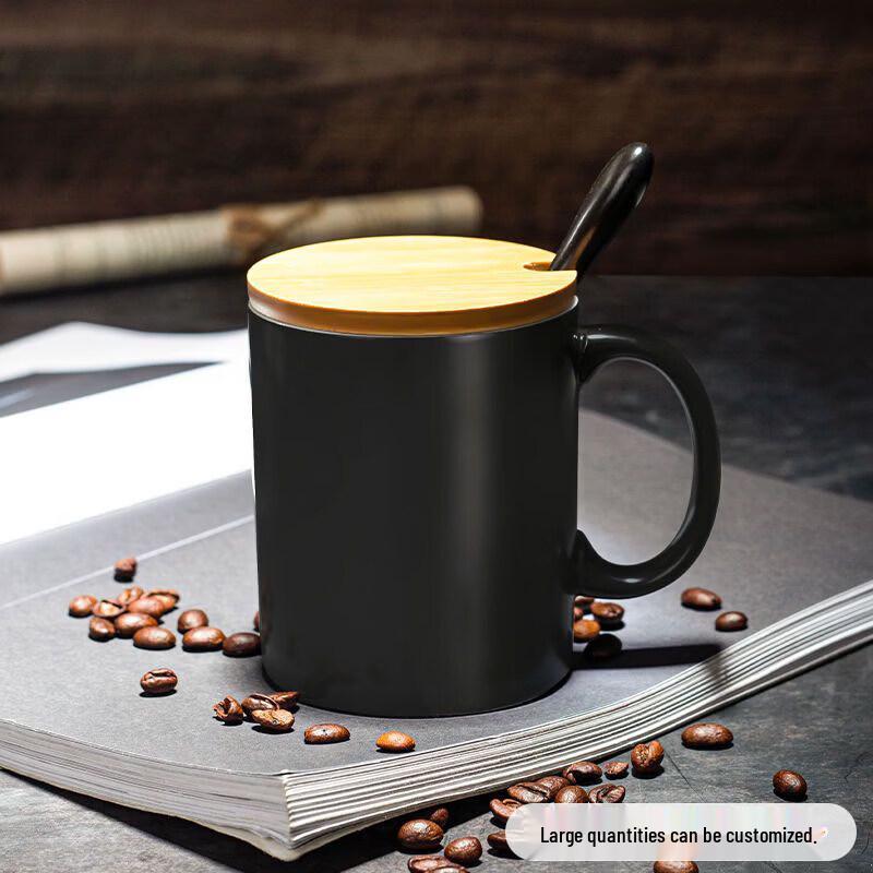Qiwei Frosted Black Ceramic Mug with Lid and Spoon