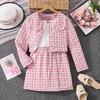Modieuze Geruite Set voor Meisjes voor de Herfst: Kinderen Cardigan Jas met Lange Mouwen + Tanktop + Rok Set