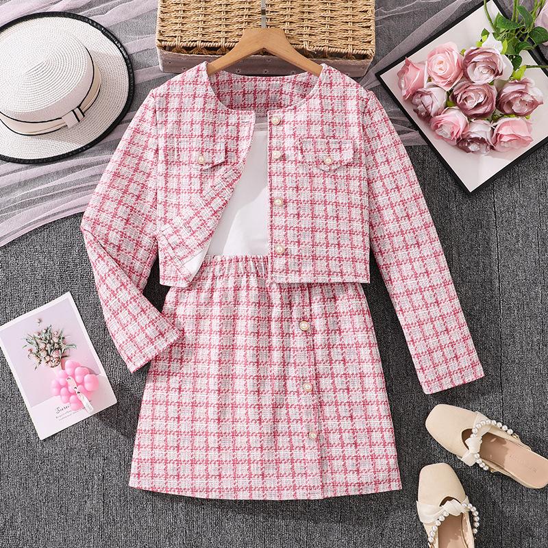 Modieuze Geruite Set voor Meisjes voor de Herfst: Kinderen Cardigan Jas met Lange Mouwen + Tanktop + Rok Set