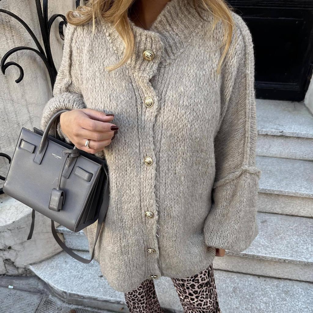 VAYLA Lässige einreihige Strickjacke Damen Locker Langarm O-Ausschnitt Oversize Pullover Büro Weiblich Allround-Oberteil