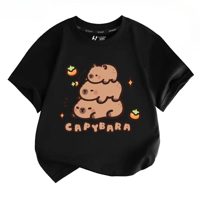 Capibala Cartoon Capybara King Cute Peripheral Short Sleeved T-shirt for Male and Female Students Short Sleeved