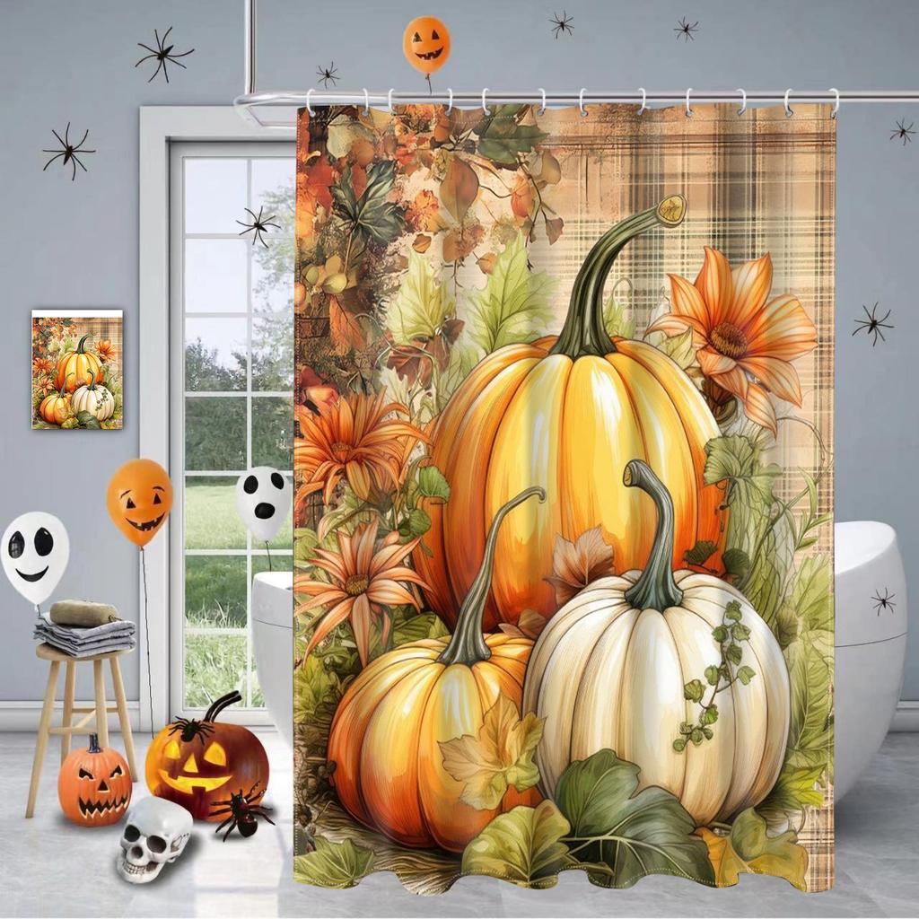 Halloween Harvest Thanksgiving maples pumpkin pattern Bathroom Shower Curtain With 12 Hooks bathroom decor and accessories