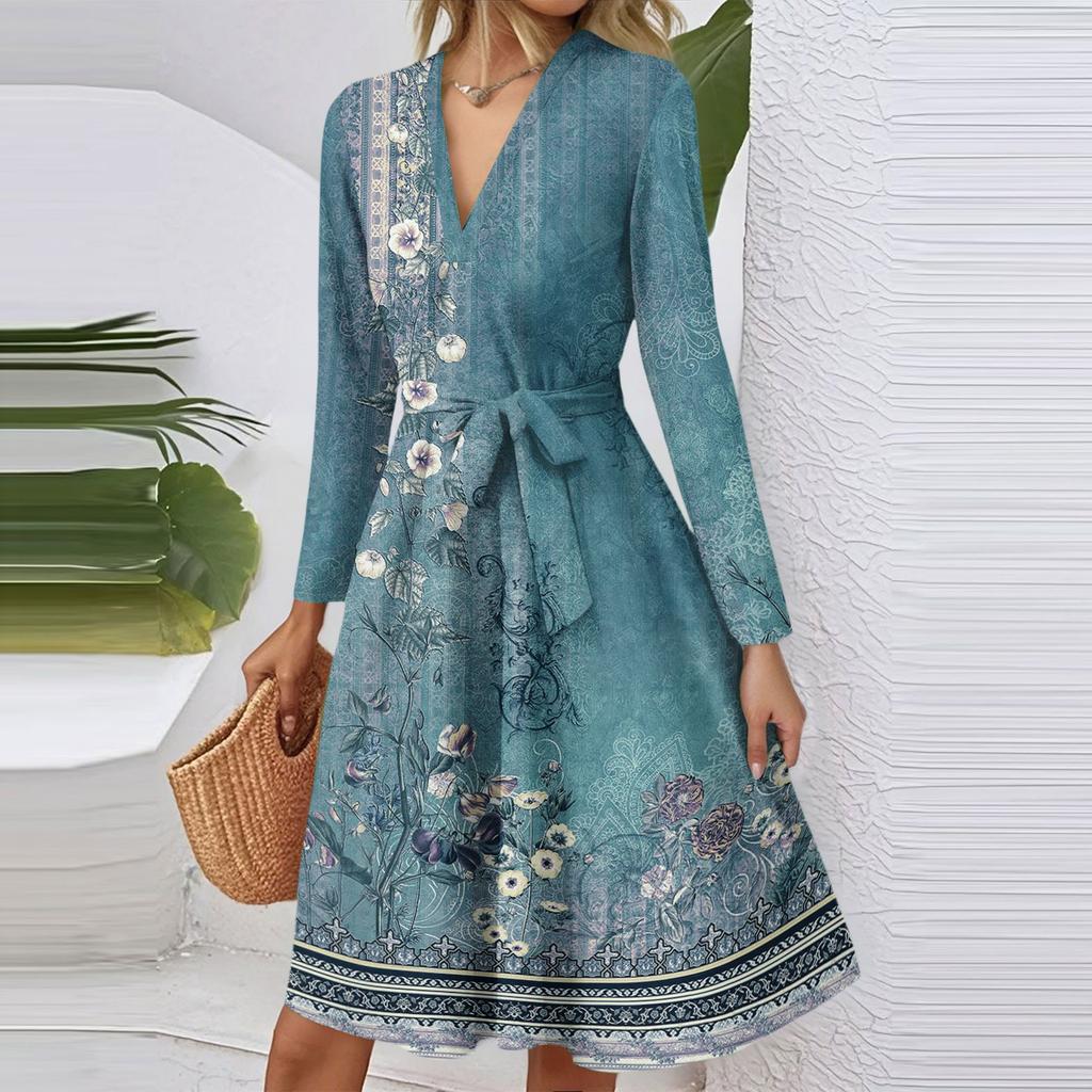 Women's Fashion Casual V-Neck Long Sleeve Waist Retro Printed Midi Dress