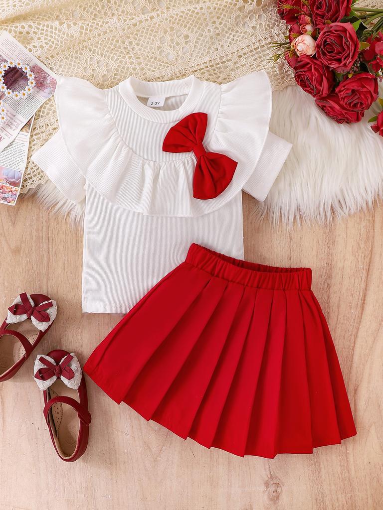 Girls' Fashion Set 2025 Summer Children's Casual Solid-color Short-sleeved Top with Lotus Leaf Collar and Pleated Skirt Two-piece Set