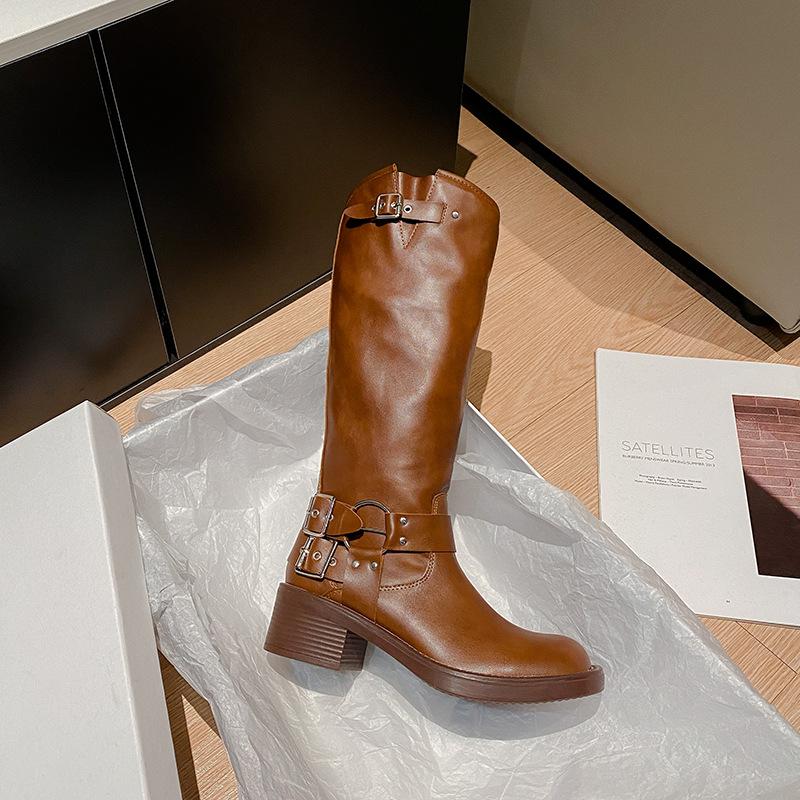 Cowhide Version Boots, Long Boots, Women's Thick Soles, Popular This Year, Maillard Western Cowboy Boots, Retro Knight Boots
