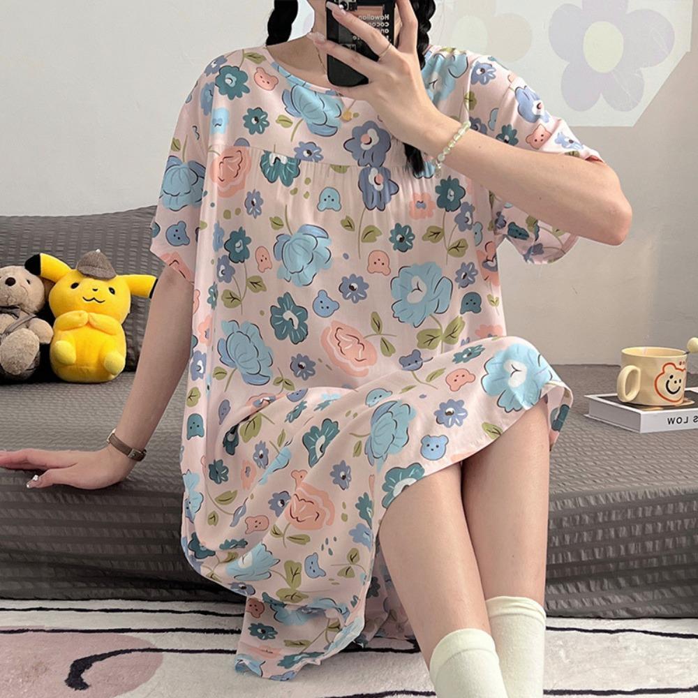 Cotton and Silk Nightgown Women's Spring, Summer and Autumn Casual Short-sleeved Large-size Printed Pajamas Summer Thin High-end Sensitive Cotton Whol