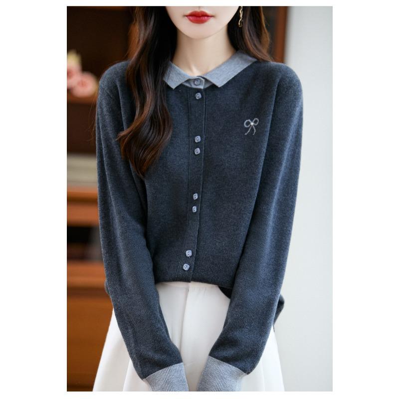 Autumn Winter Polo-neck All-match Knitting Coat Women Casual Fashion Bow Patchwork Cardigan Sweater Top
