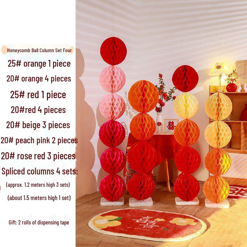 Honeycomb Ball Pillar Lantern for Wedding Room Decoration, Bride Photo Props, Double Happiness Wall Flower