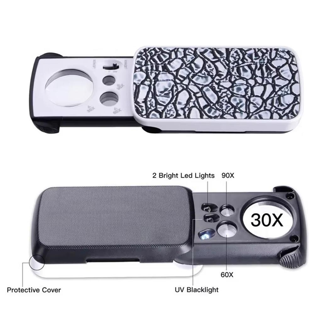 Slide Out LED Magnifying Glass 30X 60X 90X with UV Light Jewelry Loupe Magnifiers for Jewelry Coins Stamps & Antiques