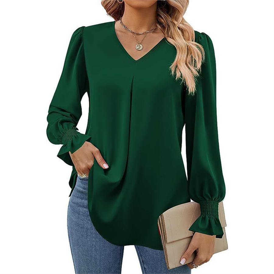 Women's Fall New Arrivals Solid Sheer Chiffon Shirt V-Neck Sleeveless Bell Sleeve Long Sleeve Top Blouse