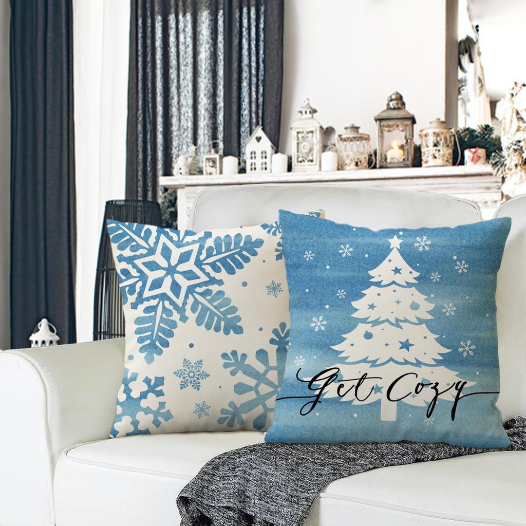 Neue Blaue Schneeflocke Weihnachts-Kissenhülle Leinen-Druck Kissenhülle Festliche Raum Sofa Dekoration Kissenbezug
